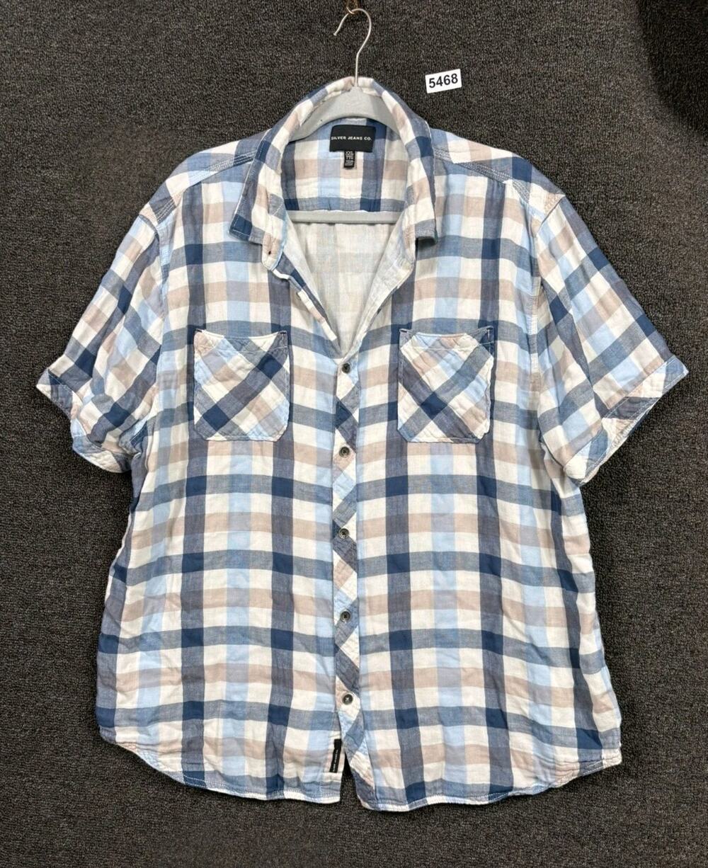 Silver Jeans Co Button Up Shirt Mens Size XXL Blue Tan Plaid Short Sleeve Cotton